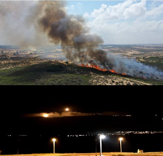 למעלה: שריפה בעוטף עזה (צילום: אמנון זיו). למטה: פצצות תאורה שירה צה"ל השבוע מעל רכס רמים
