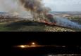 למעלה: שריפה בעוטף עזה (צילום: אמנון זיו). למטה: פצצות תאורה שירה צה"ל השבוע מעל רכס רמים