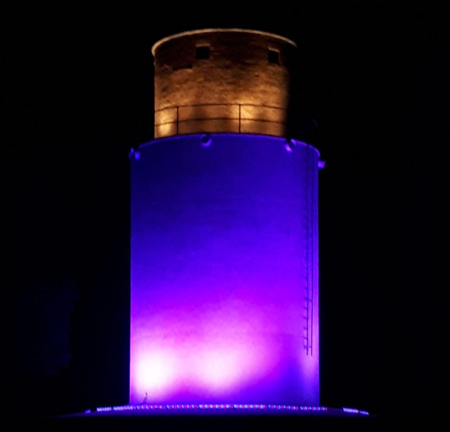 מגדל המים בעין השופט מואר בוורוד לרגל חודש המודעות לסרטן השד. צילום: איציק שפרן
